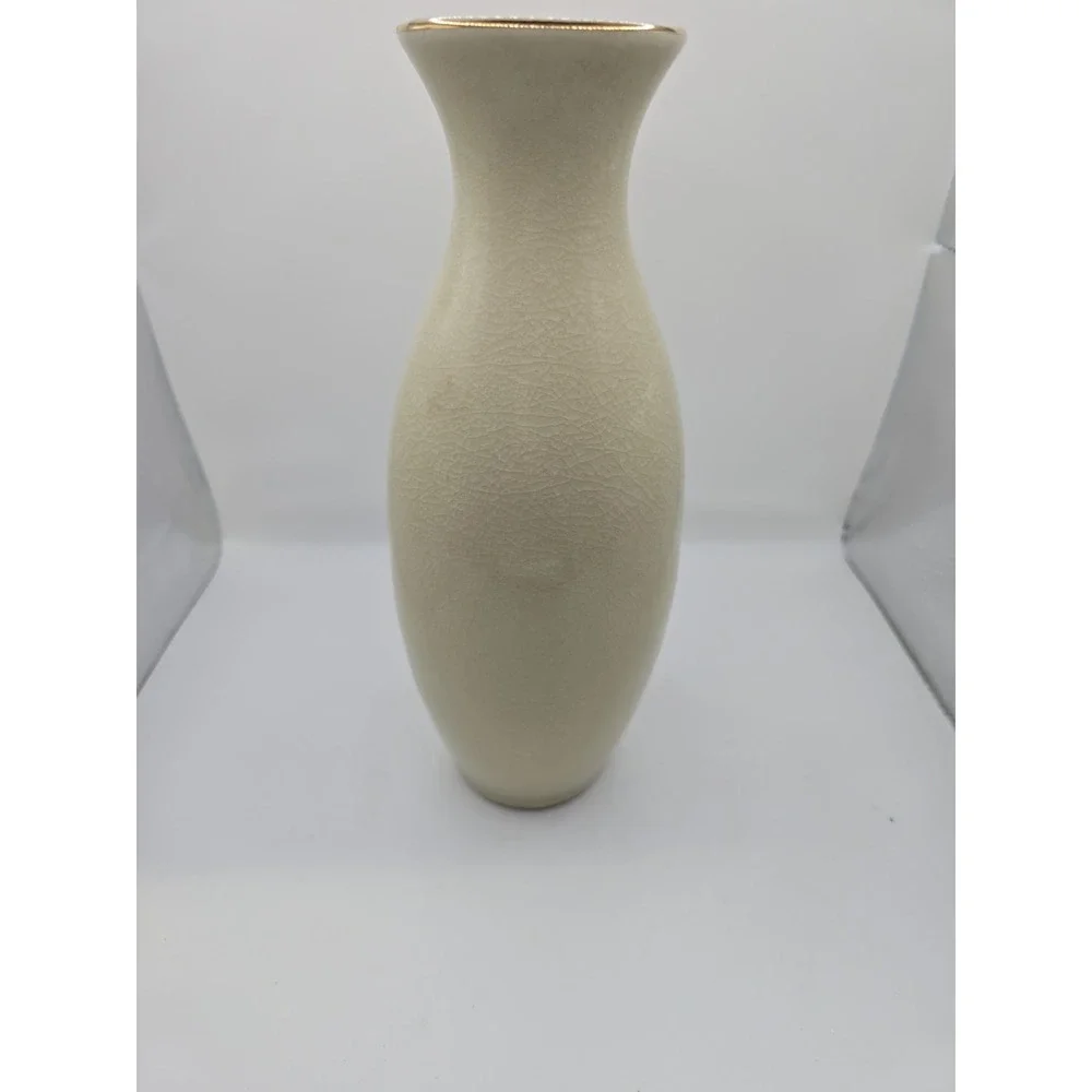 Vtg Mid-Century Japanese Floral Vase, Creamy White With Chinoiserie Design 11 in